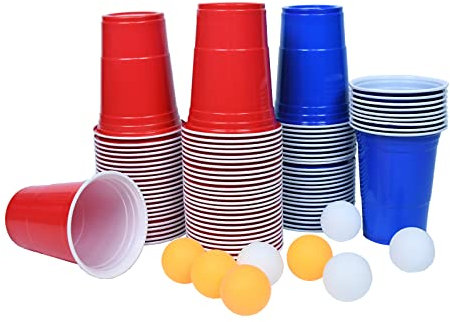 TRMLBE Beer Pong Becher Bierpong Becher Set (100 Beerpong Becher +10 Bällen) Bierpong Becher Wiederverwendbar Plastikbecher Rot und Blau für Party Trinkspiele Geburtstag