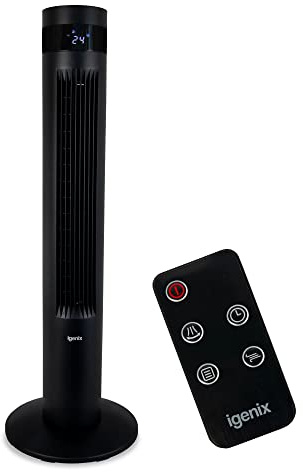 Igenix IGFD6035B Oscillating Digital Tower Fan, 35 Inch, Remote Control, 12 Hour Timer, 3 wind speed settings, Touch button control, Floor Standing for Home & Office, Black