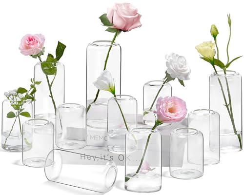 ZENS Bud Vases in Bulk Set of 12, Modern Small Glass Vases for Flower Clear Bud Vases for Wedding Centerpiece, Blown Thicker Small Vase for Flowers, Wedding Party Decorative, Home Bathroom Decor