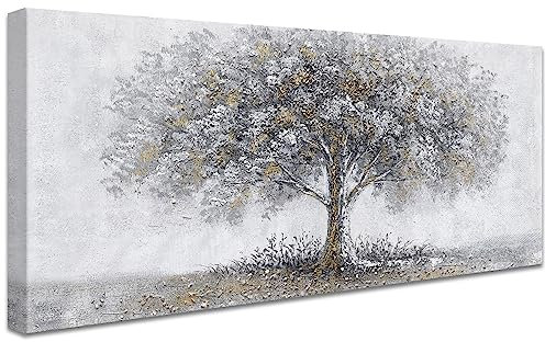 Baum des Lebens Mit Rahmen Leinwand Bilder Grau Silber Blühender Baum Bild auf Leinwandbilder Malerei Poster Pictures Wandbilder Groß Bild für Wohnzimmer Schlafzimmer Wanddekoration 50x120cm