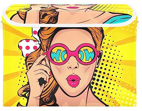 GuoChe Wow Pop Art Face Überraschte Frau gelbe Aufbewahrungsbehälter mit Deckel und Griff, langlebig, zusammenklappbar, dekorative Aufbewahrungsbox für Spielzimmer, Büro, Kinder, Kinderzimmer