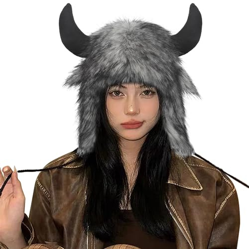 YJZQ Bonnet Cache-Oreilles Chapka Unisexe Forme Andouiller Chapeau Protection Tête Taureau Cagoule Trappeur Chaud Noël Casquette Veau Gris 56-59cm