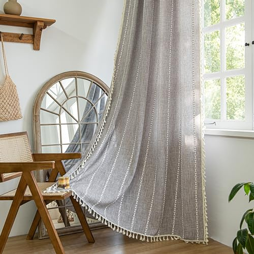 Sutuo hem bruna boho-gardiner 213 cm för sovrum, halvmörkläggande linne bondgård shabby chic tofsar fönsterbehandling bohemiskt broderi draperi för halloween dekor, stångficka 1 panel 132 cm B x 213