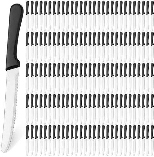Zhehao 150 Pcs 8.39 Inches Steak Knife Sets Black Stainless Steel Serrated Edge Dinner Knives with Plastic Handle and Round Tip for Home Restaurant
