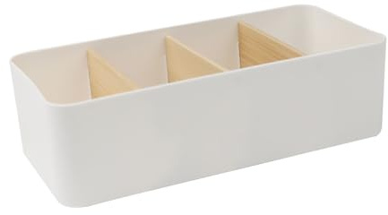 YIWONFU Organizador Escritorio Control Remoto, Organizador de Escritorio de Bambú Multiusos Organizador con 4 Compartimentos Retirable para Bolígrafos, Notas Adhesivas, Gafas, Tijeras(Blanco)