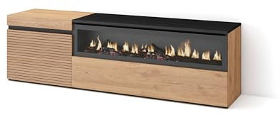 Skraut Home | Mueble TV | Televisión | Muebles de salón, almacenaje | 150x45x35cm | para TV hasta 65 | Chimenea eléctrica | Estilo Moderno | Roble