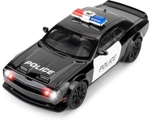 Guarsiliymi Police Car Model 1:22 Dodge Challenger SRT Hellcat Toy Diecast Collectible Toy with Lights and Sounds Decoration Model Car Toy Gift for Kids 3+
