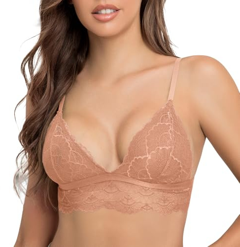 SHEKINI Women's Triangle Bra Floral Lace Non-Wired Bralette Padded Cross Back Everyday Wear Brassiere, Pink, Large