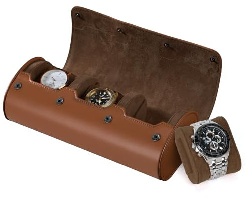 BAIGIO Scatola per Orologio Cilindrico, Cofanetti Orologi Pelle, Porta Orologi da Viaggio per 3 Orologi, Organizer per Orologi, Cofanetto per Orologi Espositore da Polso (Marrone scuro-3 Orologi)