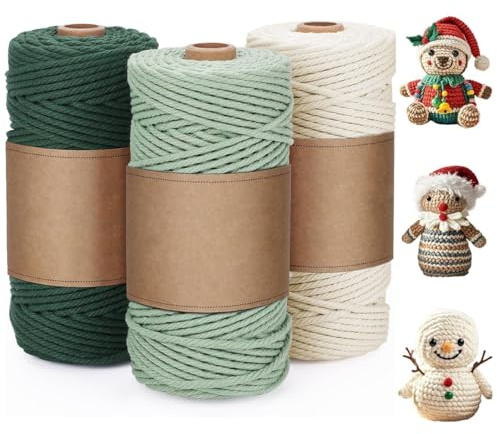 YOYEAH 3 stycken makramégarn, set 3 mm, bomullsgarn, natur, 100 m/rulle, makramé, bomullsrep i grönt, mjukt pysselsnöre för stickning boho, gobeläng, nyckelring, gör-det-själv