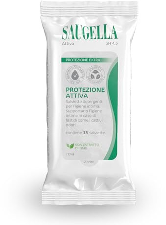 Saugella Attiva, Salviettine Intime Antibatteriche, pH 3.5, con Estratto di Timo, ottimo Post Parto, in Gravidanza, Durante il Ciclo Mestruale, in Palestra o in Viaggio, 15 Salviette Monouso