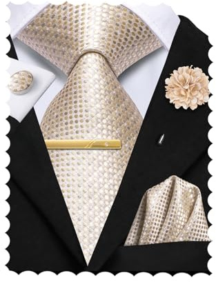 Hi-Tie Lot de 4 pièces cravates pour homme cravate et pochette boutons de manchette épingle de revers florale clip épingle ensemble pour mariage et affaires, beige, M