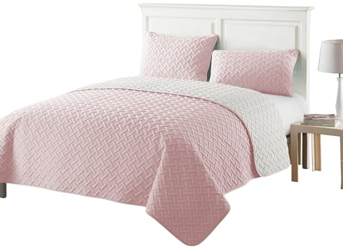 Luxury Quilted Bedspread Set – 3 Piece Reversible Coverlet with Matching Pillowcases | Large Sofa Throw Blanket Bedding Cover | Easy Care (Pink, Super King, Basket Weave)