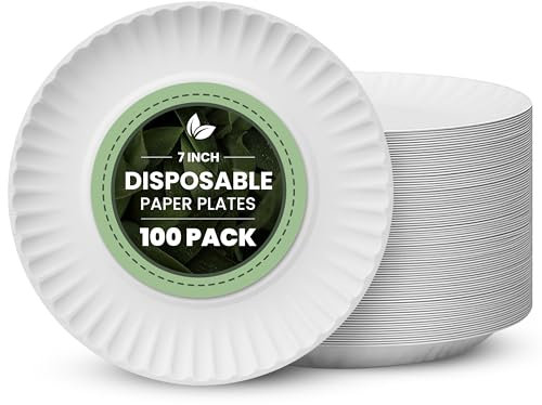 Vivo Technologies 100-Pack of 7-inch Disposable Paper Plates 18cm White 100% Compostable Biodegradable Party Paper Plate Perfect for Everyday use, Ideal for BBQ's, Parties and Events