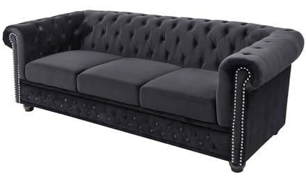 3-Sitzer Sofa CHESTERFIELD - 205cm - schwarz - Samt - Federkern | Taschenfederkern, Ziernieten, englischer Stil, Rundum-Bezug, pflegeleicht