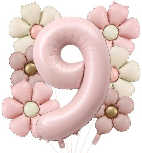 DazzJoy Geburtstagsdeko 9 Jahre Mädchen mit Gänseblümchen Folienballon, Luftballon 9 Jahre Mädchen, Ballon 9 Geburtstag Mädchens, Luftballons Zahl 9 Rosa für Kindergeburtstag Deko