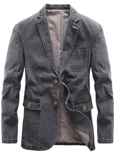 Giacca da uomo, con rever a punta, in denim, Blazer da abito classico, a maniche lunghe, jeans, casual, da lavoro, Slim, con due bottoni, cappotto sportivo, Grigio, 4XL