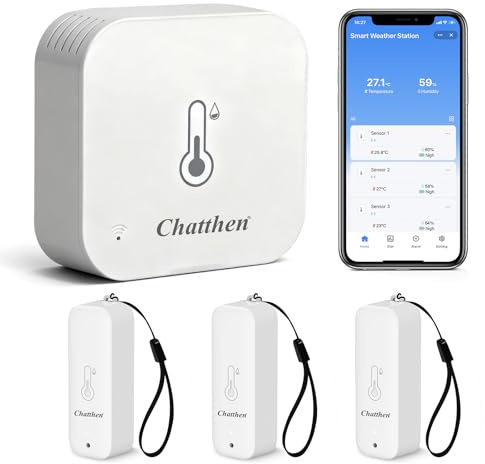 Chatthen Termometro Wifi, Higrometro Termometro Exterior, Higrometro Digital Rango Inalámbrico de 150M, Almacenamiento y Calibración de Datos, Termometro Digital casa 3 Sensores y 1 Estación base