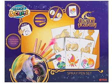 Unicorn Academy Spray Pen Set | Airbrush målningsset med 7 maskpennor och 6 stenciler | Magiska pennor för barn | kreativt pysselset med spraypennor | Officiell Netflix fanartikel gåva