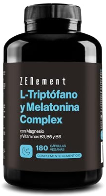 L-Triptófano con Melatonina, Magnesio y Vitaminas B3, B5 y B6, 180 Cápsulas Veganas (Suministro para 6 meses) | Induce al Sueño, Para Dormir Bien | Altas dosis | Zenement