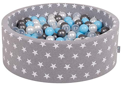 KiddyMoon Rund Bällebad Bällepool 90X30cm/200 Bälle ∅ 7Cm Sterne-Muster Ballgruben Für Babys Spielbad Kleinkinder, Hergestellt In Der EU, Grausterne: Transparent/Silbern/Perle/Baby Blau