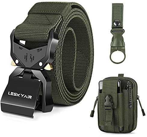 Leskyair Cinturón Táctico para Hombres 1.5 pulgadas, Cinturon Hombre Trabajo Estilo Militar Cinturón con hebilla de metal liberación rápido, Regalo con bolsa táctica Molle y Soporte para Botella