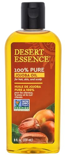 Desert Essence 100% Pure Jojoba Oil – 8 Fl Oz Moisturizer for Hair, Skin & Scalp | Makeup Remover & Aftershave Hydrator, Non-GMO, Vegan, Cold-Pressed, Anti-Flakiness & Non-Clogging Beauty Elixir