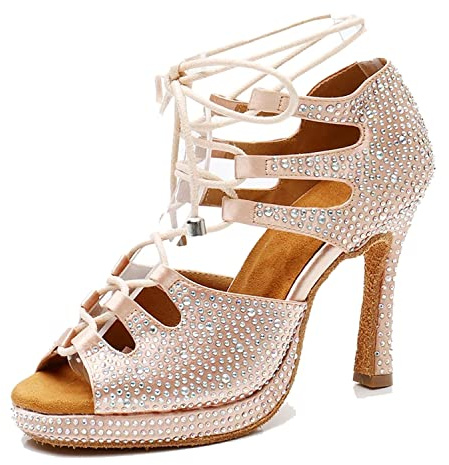 LITNERMIA Sandalias modernas de baile latino con cordones para mujer, sandalias de fiesta de boda, L425 Plataforma Beige Tacón 10cm, 36.5 EU