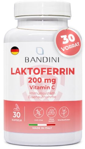 Bandini® LACTOFERRINA PURA 200mg Immuno - 200mg de Lactoferrin por CÁPSULA (30 Cápsulas) - Alta Dosis con Vitamina C - Antioxidante Natural para el Sistema Inmunitario - Regula la Absorción del Hierro