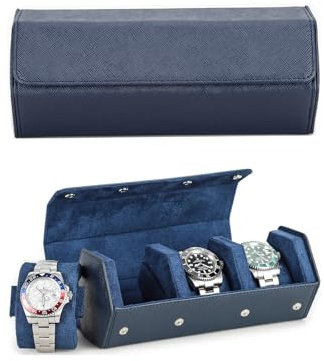 Hiram Watch Roll Case Genuine Leather Hexagon Watch Travel Case for 3 Watches Protective Watch Storage Box (Blue)