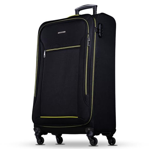 NOWI Sevilla Weichschalen Trolley XL – Großer Stoff Koffer 76L mit 4 Doppelrollen & Zahlenschloss | XXL Reisekoffer für Damen & Herren (Schwarz-Limette, XL)