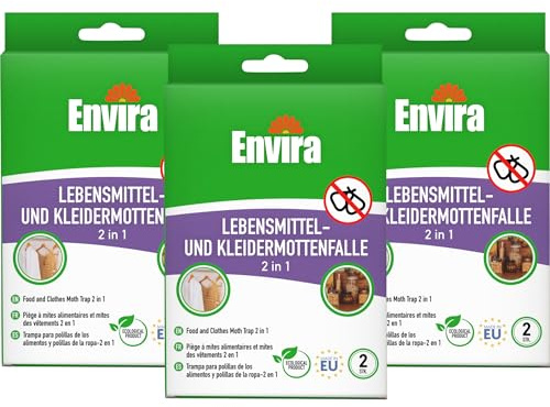 Envira Lebensmittel- und Kleidermottenfalle 2 in 1, 6 Stück - Mottenschutz | Mottenfalle für 3 Monate gegen Kleidermotten und Lebensmittelmotten - eine Alternative zu Schlupfwespen