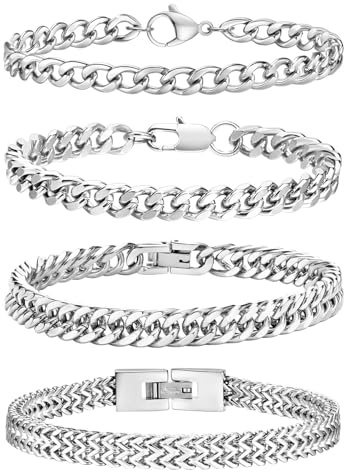 Esmoly 4 Pièces Bracelet Homme Argent Or Noir Bracelet Acier Inoxydable 19cm/21cm/23cm Cadeau Homme Garçon (Argent, 19cm)