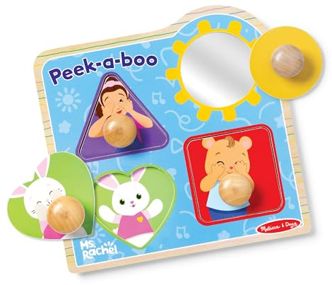 Melissa & DougŽ Ms. Rachel⢠Wooden Peek-a-Boo Jumbo Peg Puzzle, 4-Piece with Mirror, Toddler Toys for Boys and Girls Ages 1+ Years