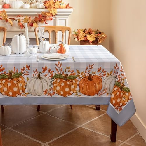 Romanstile Autumn Tablecloth 80 x 80 cm Washable with Pumpkin Pattern Tablecloths Blue Checked Water-Repellent Table Linen Modern Small Tablecloth Halloween for Outdoor Birthday Party Camping