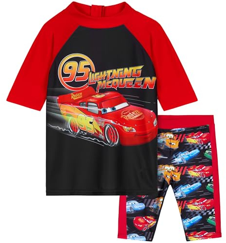 Get Trend Disney Cars Ensemble Maillot de Bain Garçon 2 Pièces RashGuard à Manches Courtes Short de Bain enfant Plage Piscine Vacances (7-8 Ans, Rouge/Noir Cars)