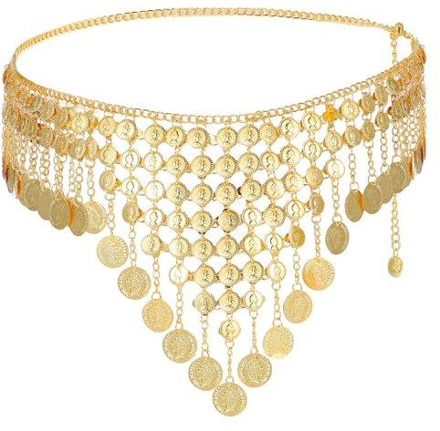 Coin Belly Dance Skirt with Eight Rows of Tassels, Adjustable Fringe Hip Scarf Coin, Belt Chain for Women, Belly Dancer Outfit for Bellys Dance Music Festivals Themed Parties Halloween (Gold)