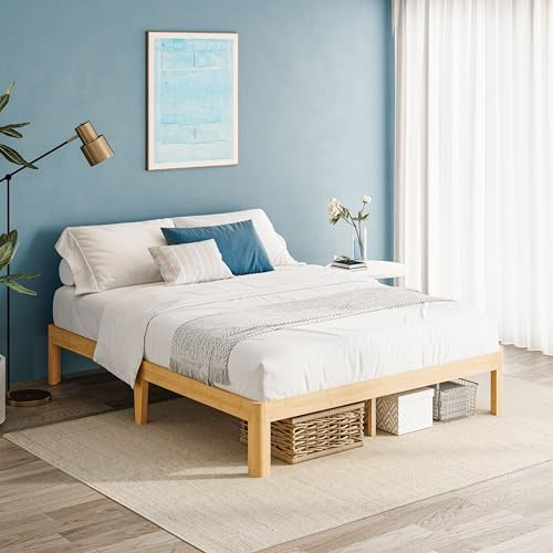 QFtime Bamboo Wood King Size Bed Frame with Metal Slats Support, Platform King Bed Frame, Easy to Install, Noise Free, Sturdy, 30.5 cm High