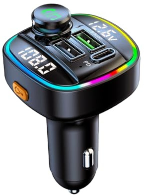 QUMOX Trasmettitore FM Bluetooth 5.0 per Auto, Adattatore C22 con Ricarica Rapida PD 20W, Display della Tensione, Manopola di Controllo, Riproduzione USB/TF, Assistente Vocale, Chiamate Vivavoce