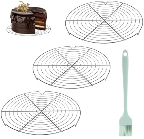 Aarcyye Rejilla de Enfriamiento para Tartas, 3 Rejilla Redonda para Tartas, 30cm Tartas de Acero Inoxidable para Enfriar con Pincel de Aceite de Silicona, Uniforme de Pastelería, para Freír, Hornear