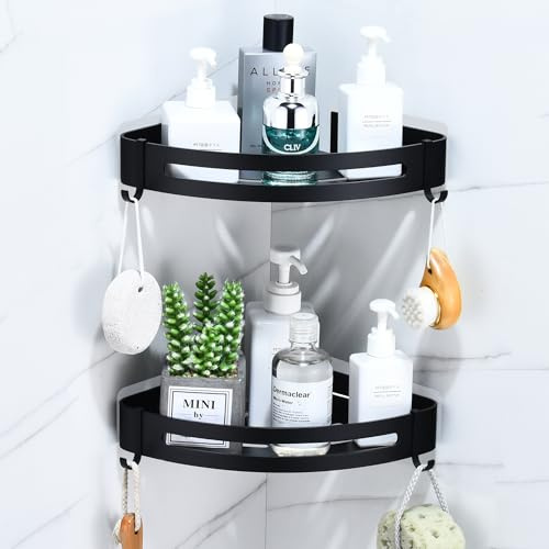 maifey Duschablage Ecke Ohne Bohren, Duschregal Schwarz Metall mit 4 Haken Selbstklebendes Badezimmer Eckregal für Shampoo, Rostfrei, Wandmontage (2 Stück, Matt)