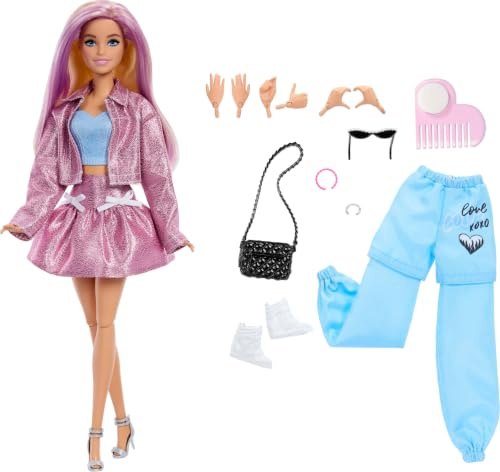 Barbie Deluxe Style-docka med metallicrosa Barbiecore-kjol och jacka | 4 outfits, 4 accessoarer, 4 utbytbara händer, 2 skor och färgskiftande hår, JNC61
