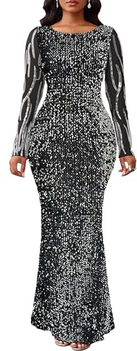 VERWIN Dam paljetter bodycon rund hals långärmad glittrande sjöjungfru maxiklänning för vardaglig fest cocktail