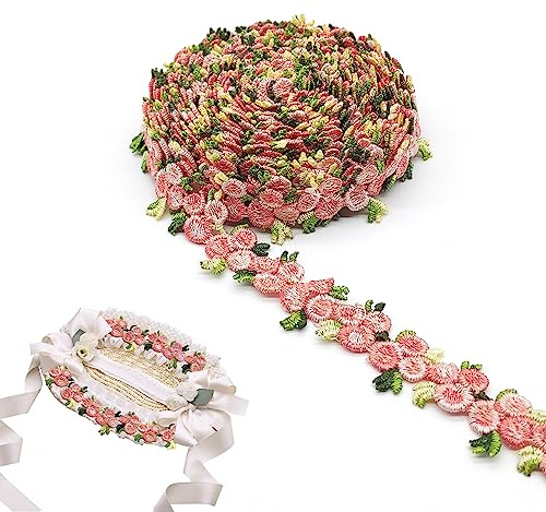 XCSJ Blommigt spetsband, blomband med broderade rosor och figurformade kanter, dekorband, perfekt för sömnad, kläder, gör-det-själv, 4,6 m, ljusrosa | Rosenbroderi, spetskant, broderi, dekorband, knytband, blomband, bårder, och band för sömnad, för dekorationer, kläder