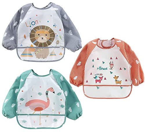 Awinker Baberos Bebe Impermeables Manga Larga 6-36 Meses (naranja gris verde)