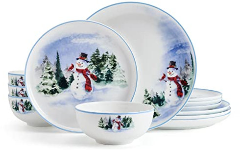 Mikasa Snowman Forest Chip Resistant 12 Piece Dinnerware Set, Service for 4