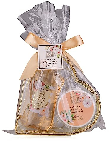 Accentra Set doccia da donna Honey JASMINE in un bellissimo cestello metallico, 2 pezzi con gel doccia e crema per il corpo, set regalo per compleanno, San Valentino e Natale