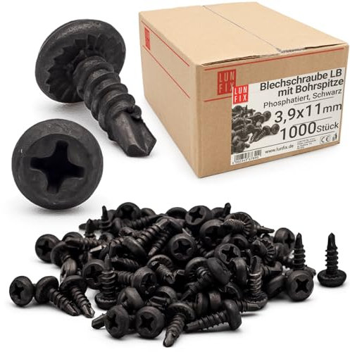 Viti autofilettanti per metallo 3,9x11 mm, 1000 pezzi, viti autoforanti nere con punta trapano, testa croce fosfatate per profili acciaio e cartongesso, autoperforanti Lun Fix