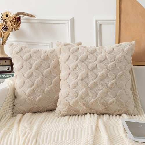 UGASA Herbst-Kissenbezüge aus weichem Plüsch-Kunstfell, luxuriös, flauschiges Jacquard-Boho-Muster, dekorative Dekokissen für Couch, Sofa, Heimdekoration, Wohnzimmer, Beige, 40,6 x 40,6 cm, 2 Stück