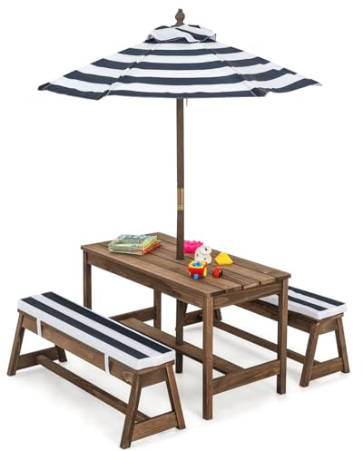 SOARS Set di Tavolo Picnic per Bambini con Ombrellone Regolabile, Panche per Bambini in Legno di Abete con Parasole e Cuscini Morbidi, Tavolo e Panchine Pranzo da Giardino e Parco (Blu)